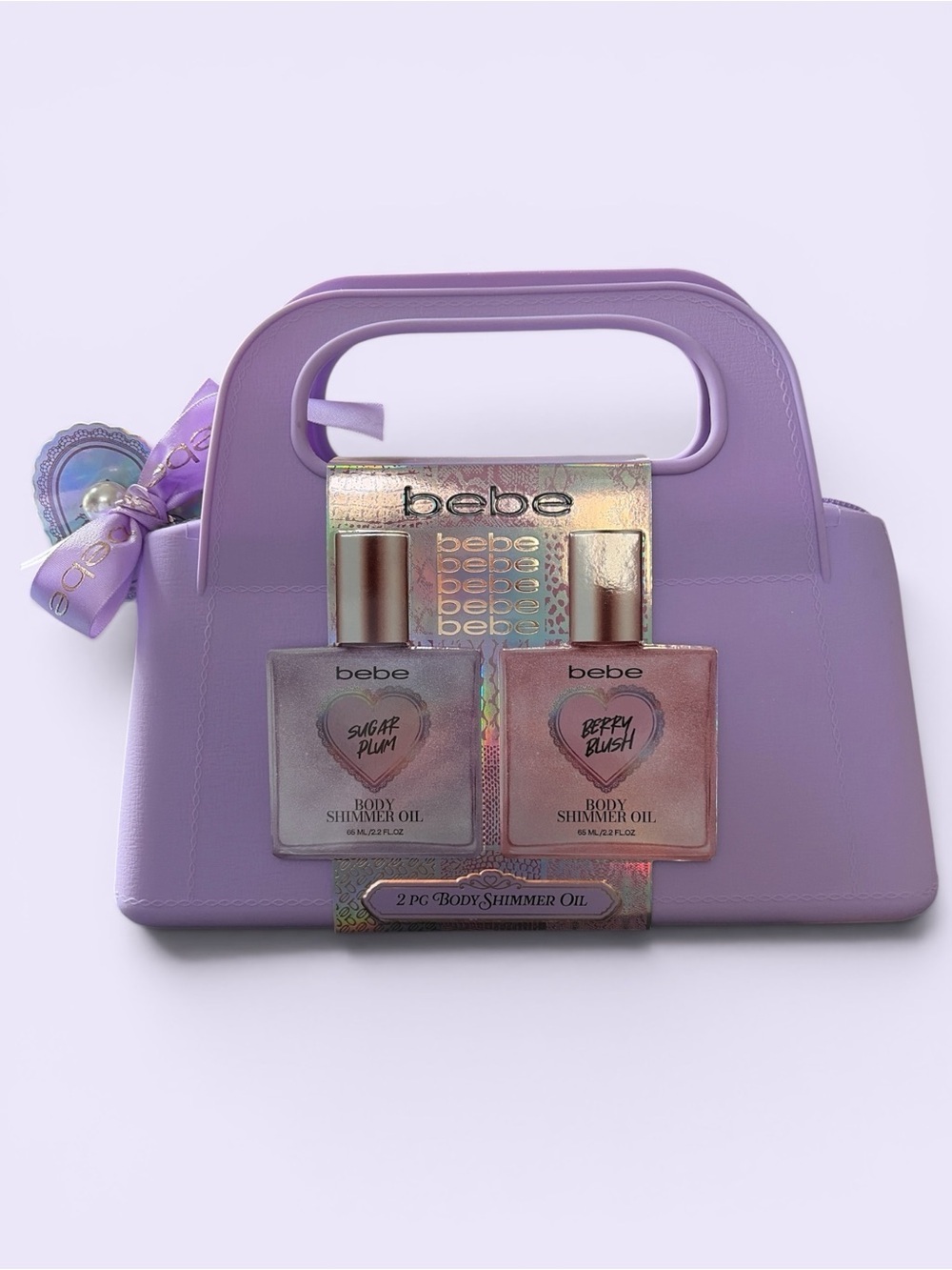 bebe 2 Pc Body Shimmer Oil Gift Set With Lavender Cosmetic Bag NEW ✨